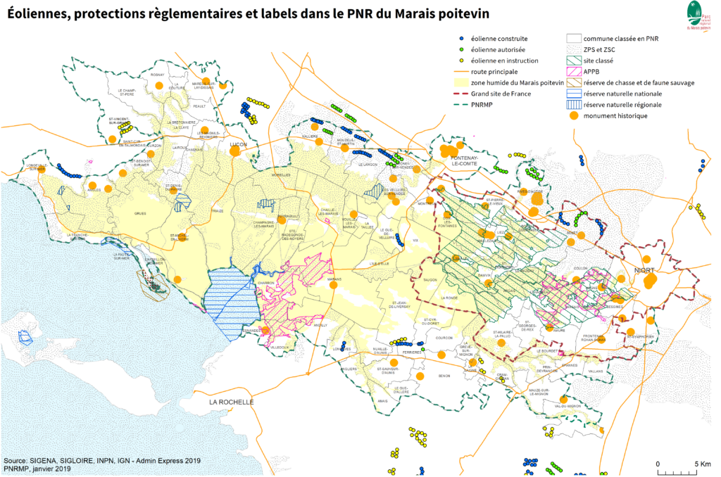 Eoliennes, protections reglementaires et labels dans le Parc naturel régional du Marais poitevin