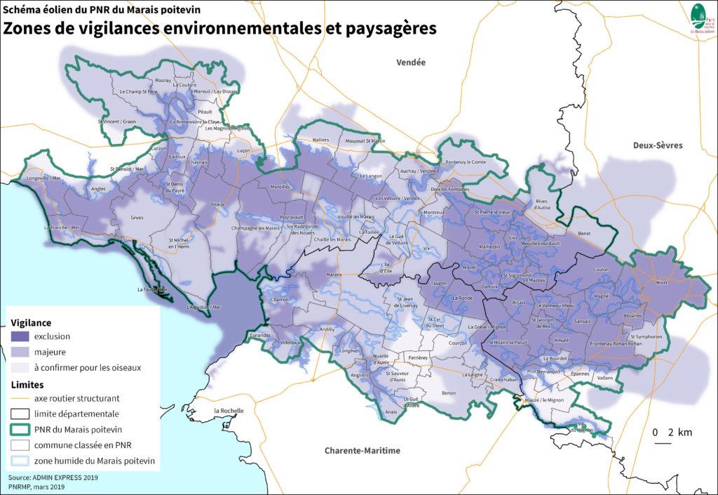 Schéma éolien du Parc naturel régional du Marais poitevin, zones de vigilances environnementales et paysagères