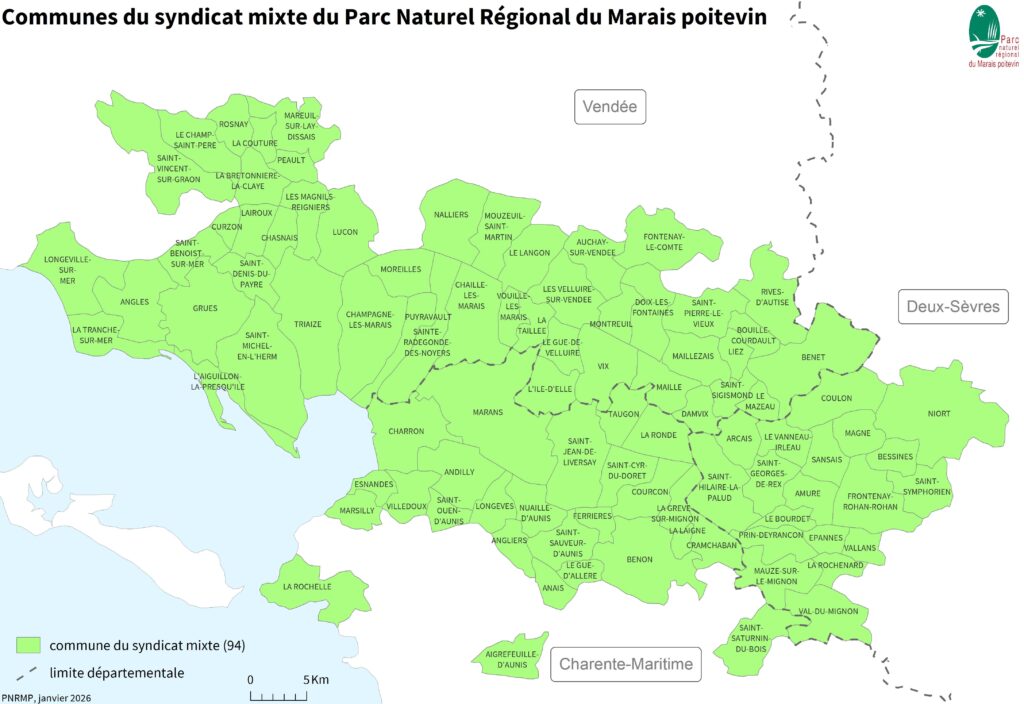 Carte des communes du syndicat mixte et classement en Parc naturel régional du Marais poitevin 2026