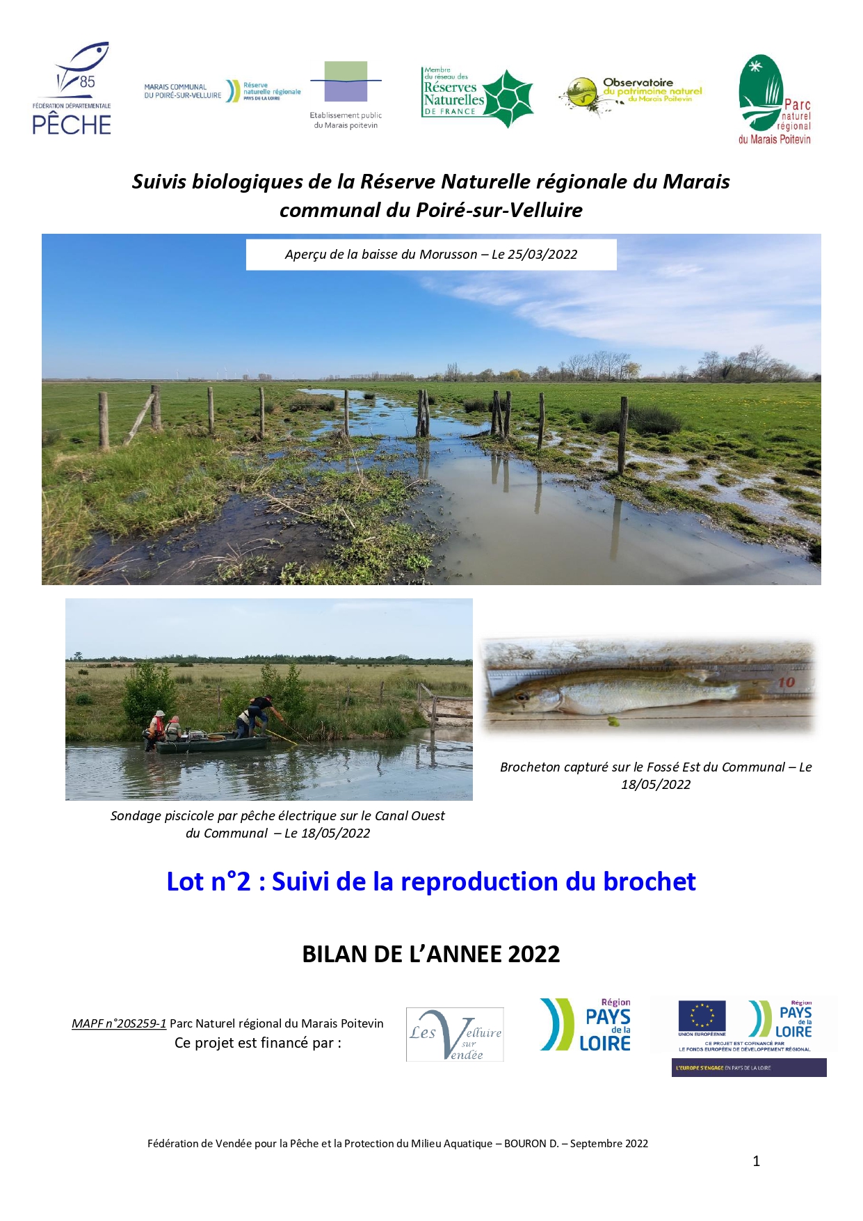 Page de couverture - Suivi de la reproduction du Brochet sur la RNR du Marais communal du Poiré-sur-Velluire - 2022